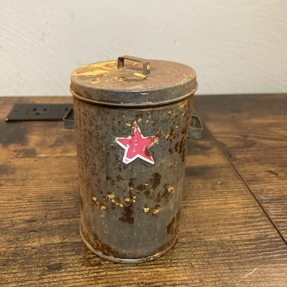 Vtg Mini Metal Trash Can Red Star Rustic Primitive Garden Decor Farmhouse 1:6 Sc